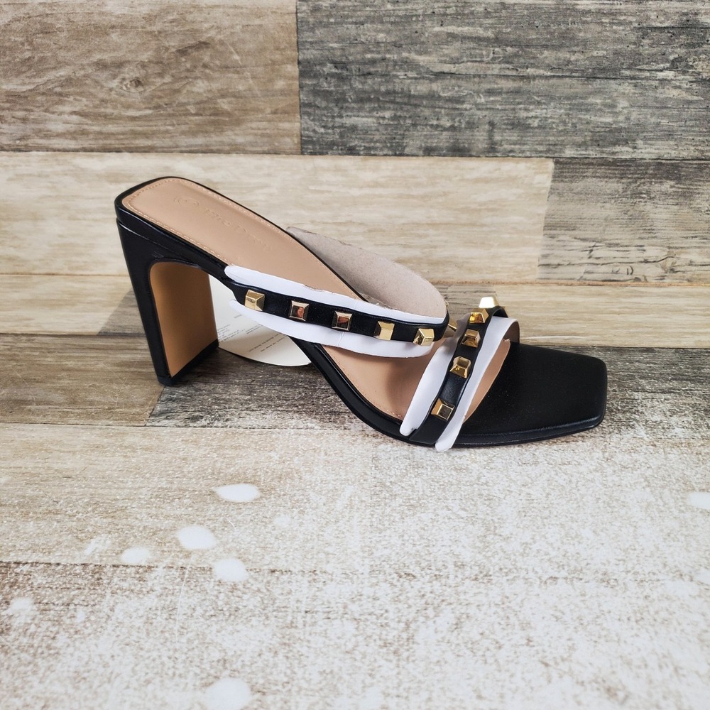The Drop Black Studded Avery Heels Sz 8.5 Square Toe Slip On High Heeled Sandal‎